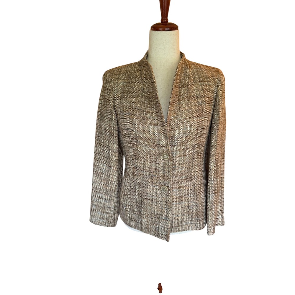 Talbots Petites Brown Tweed Blazer Stand Collar Two Button Jacket‎ Size 4P